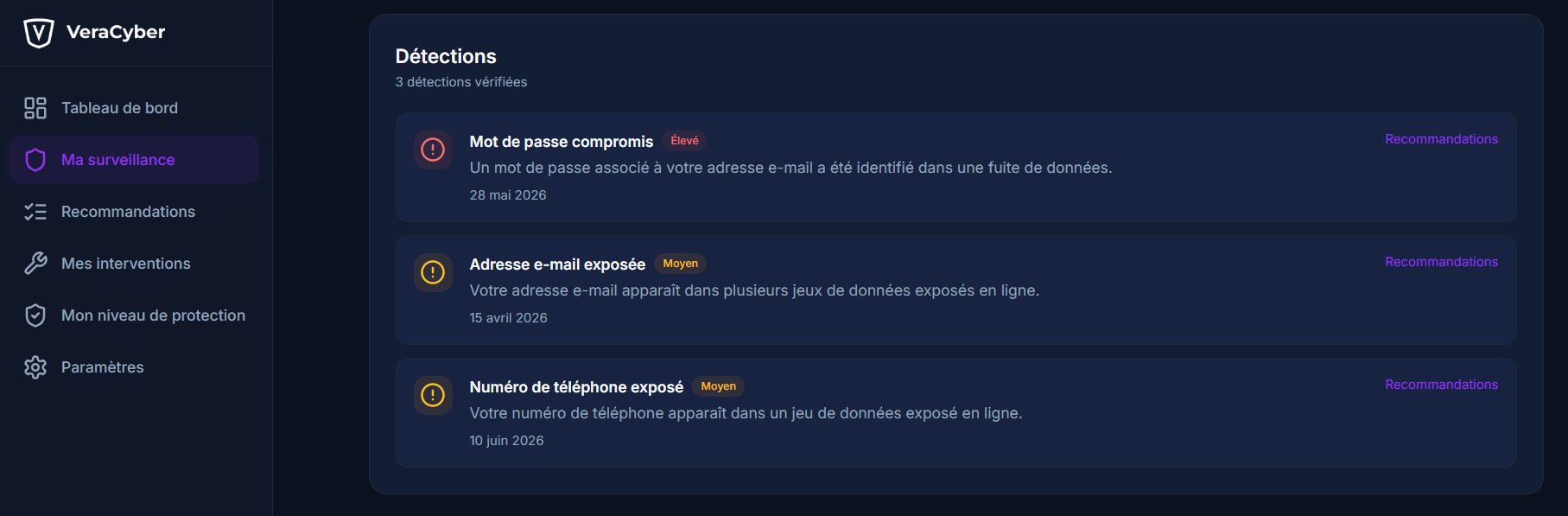 Aperçu des détections vérifiées dans l'espace client VeraCyber