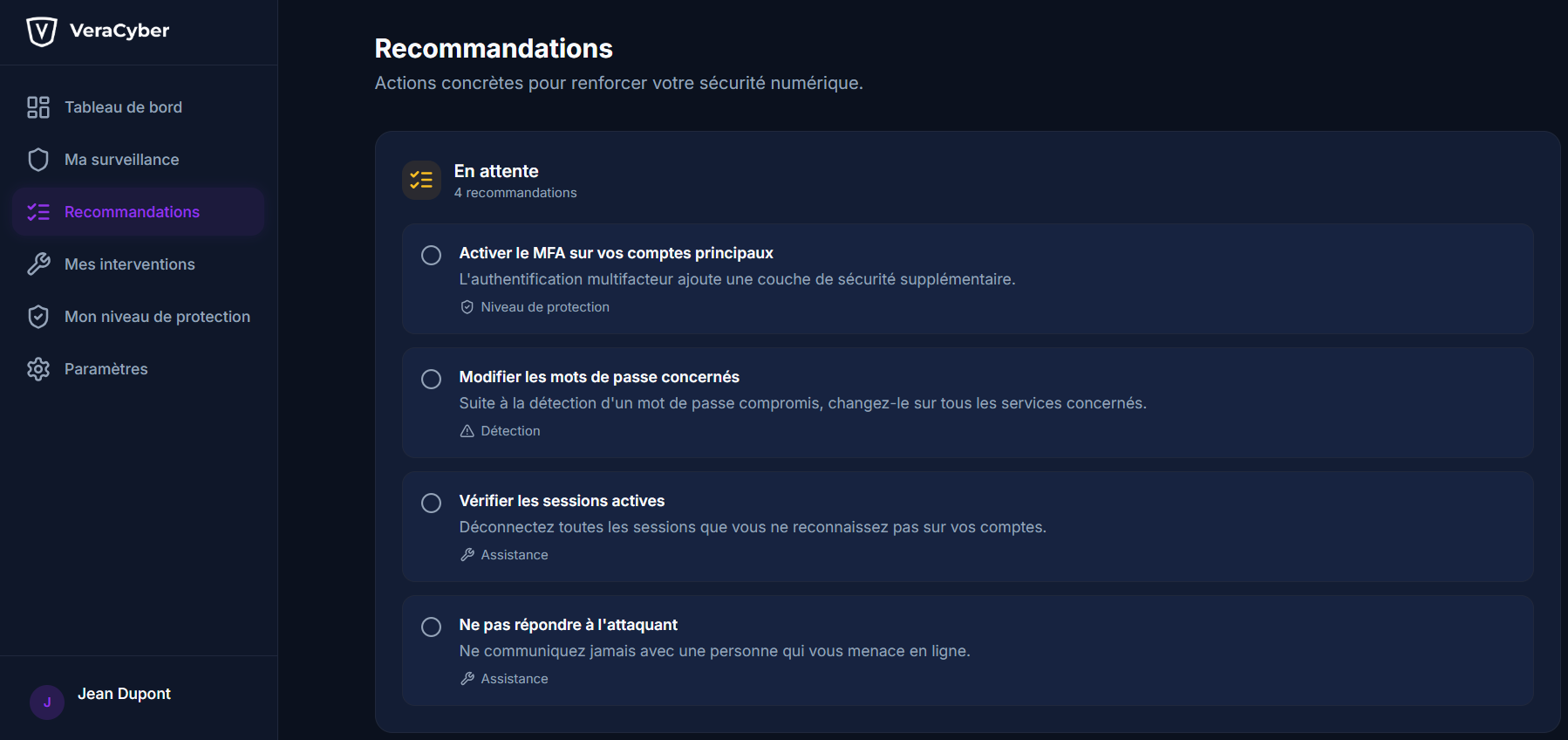 Aperçu des recommandations de sécurité dans l'espace client VeraCyber