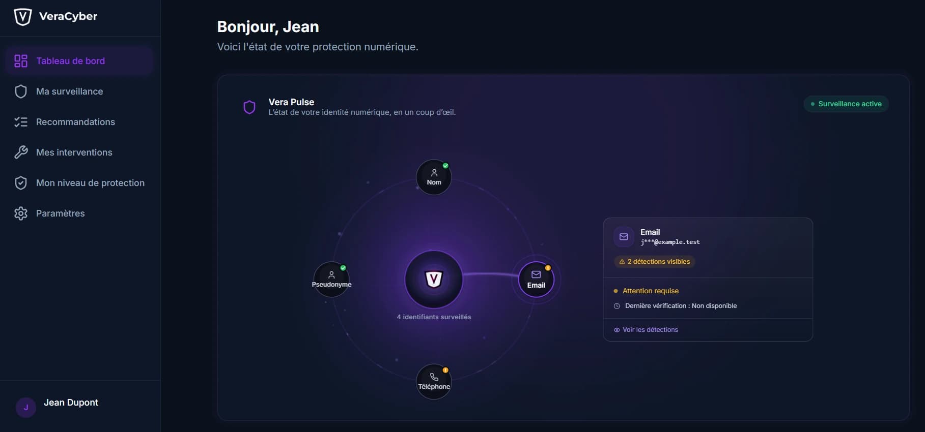 Aperçu de l'espace client VeraCyber avec Vera Pulse et les identifiants surveillés
